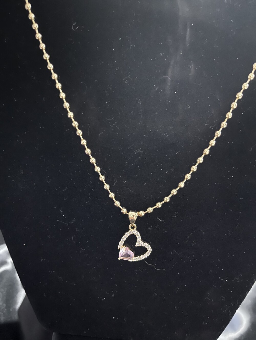 14k Gold-filled Double Heart Pink Stone Necklace 17"